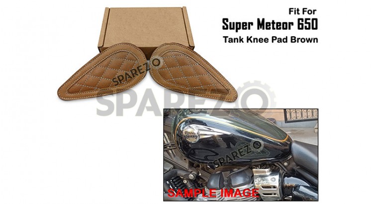 Fit For Royal Enfield Super Meteor 650 Leather Tank Knee Pad Brown - SPAREZO